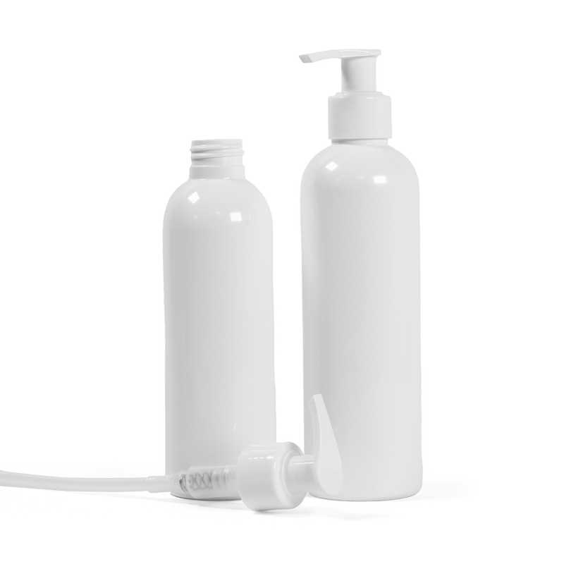 Bottiglia di plastica bianca, pompa bianca, 250 ml