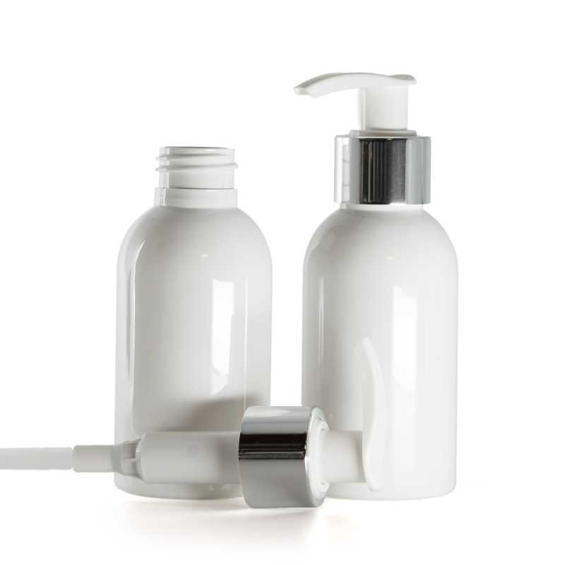 Flacone di plastica bianco, dosatore bianco con anello argentato, 100 ml