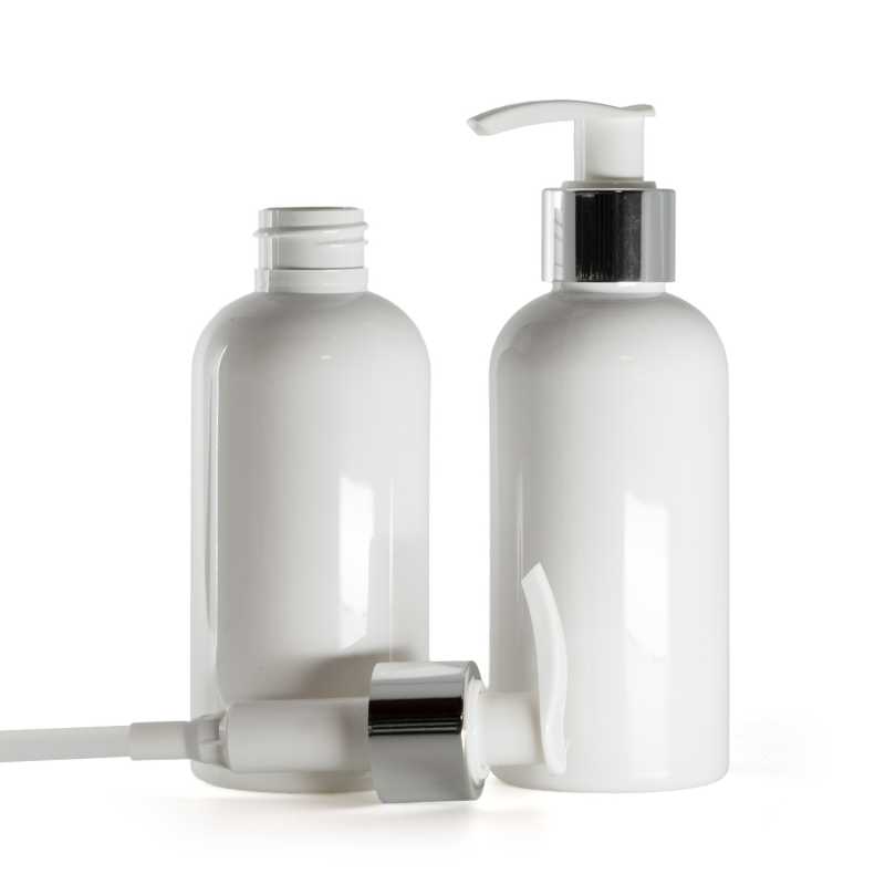 Bottiglia di plastica bianca, dosatore bianco con anello liscio argentato, 150 ml