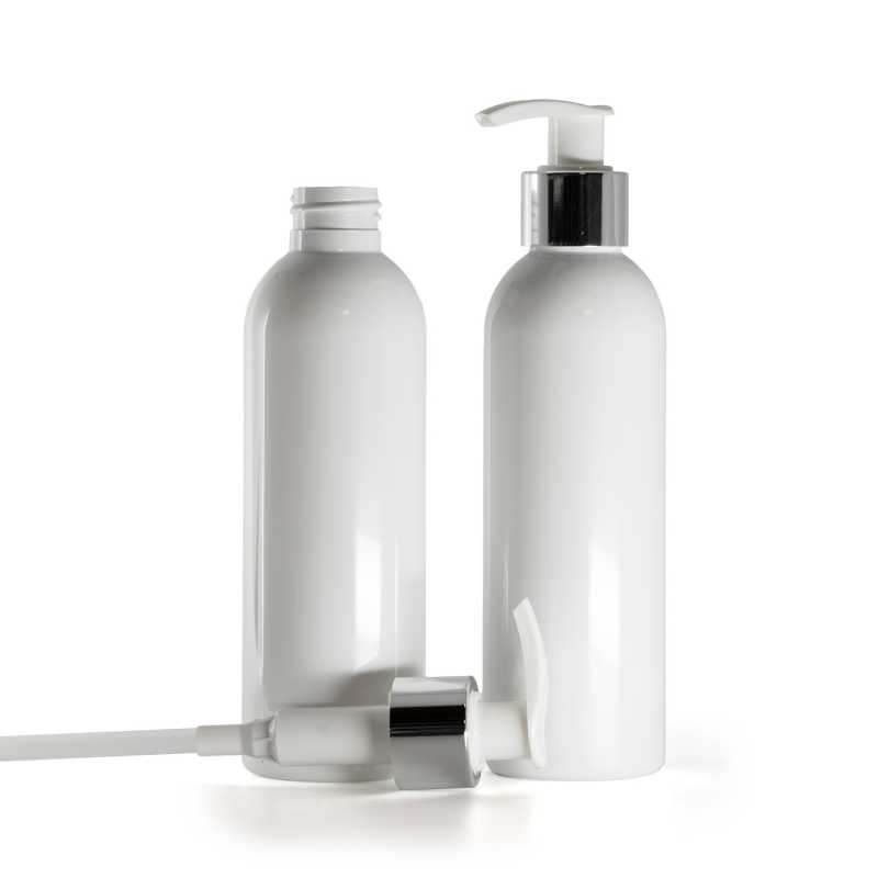Bottiglia di plastica bianca, dosatore bianco con anello argentato, 200 ml
