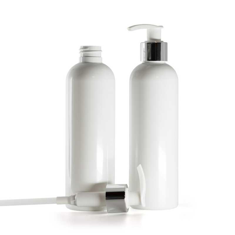 Bottiglia di plastica bianca, pompa bianca con collare argento lucido, 250 ml