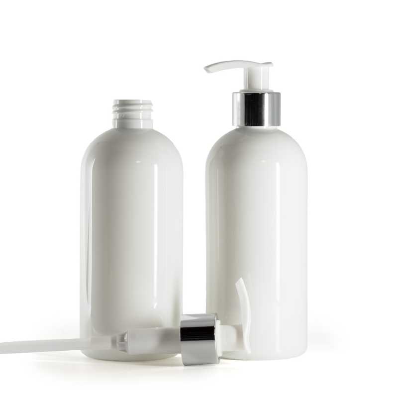 Bottiglia di plastica bianca, dosatore bianco con anello argento lucido, 300 ml