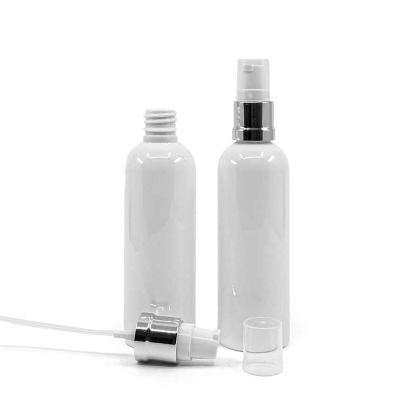 Flacone in plastica, bianco, tappo dosatore bianco argento lucido, 100 ml