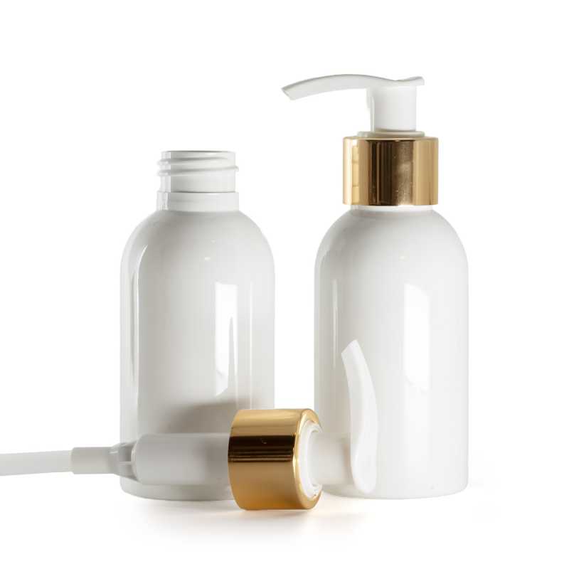 Flacone di plastica bianco, dosatore bianco con collare liscio dorato, 100 ml