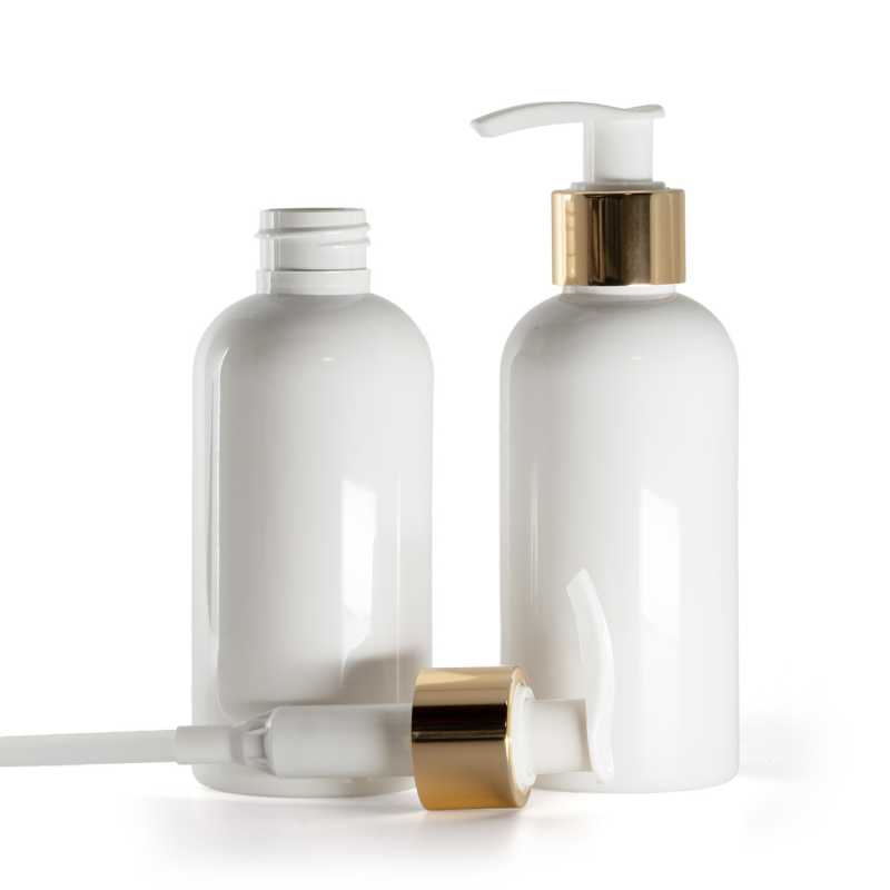 Bottiglia di plastica bianca, pompa lozione bianca con collare liscio oro lucido, 150 ml