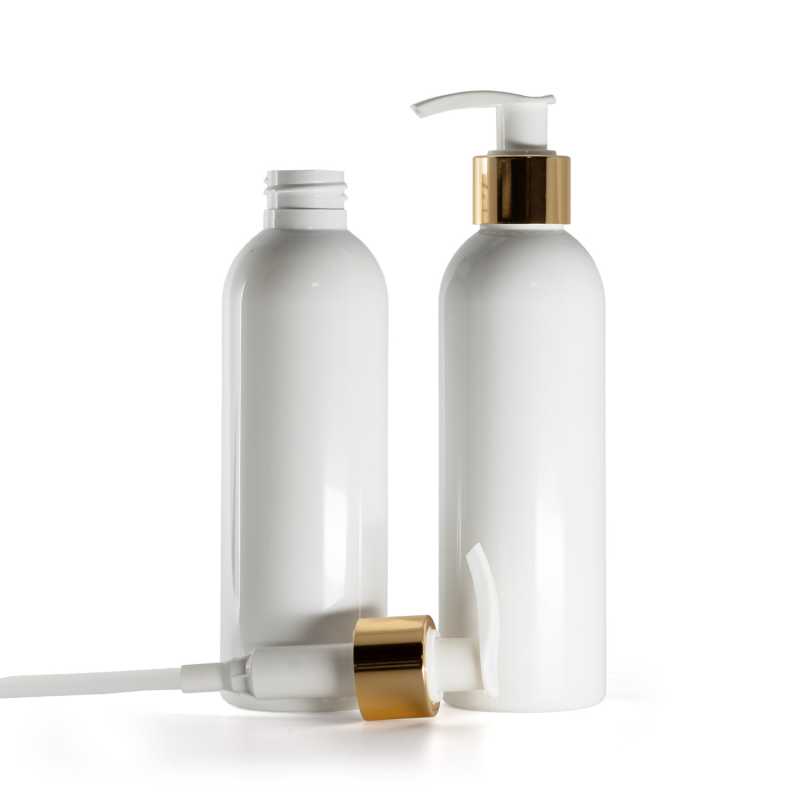 Bottiglia di plastica bianca, pompa bianca con anello dorato liscio, 200 ml