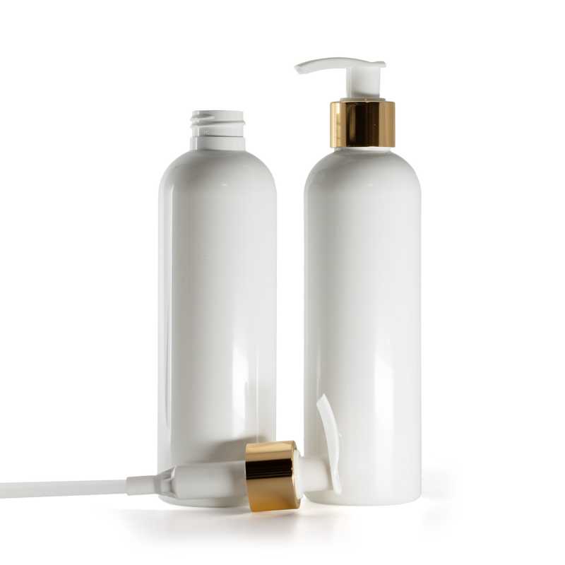 Bottiglia di plastica bianca, pompa lozione bianca con anello dorato lucido, 250 ml