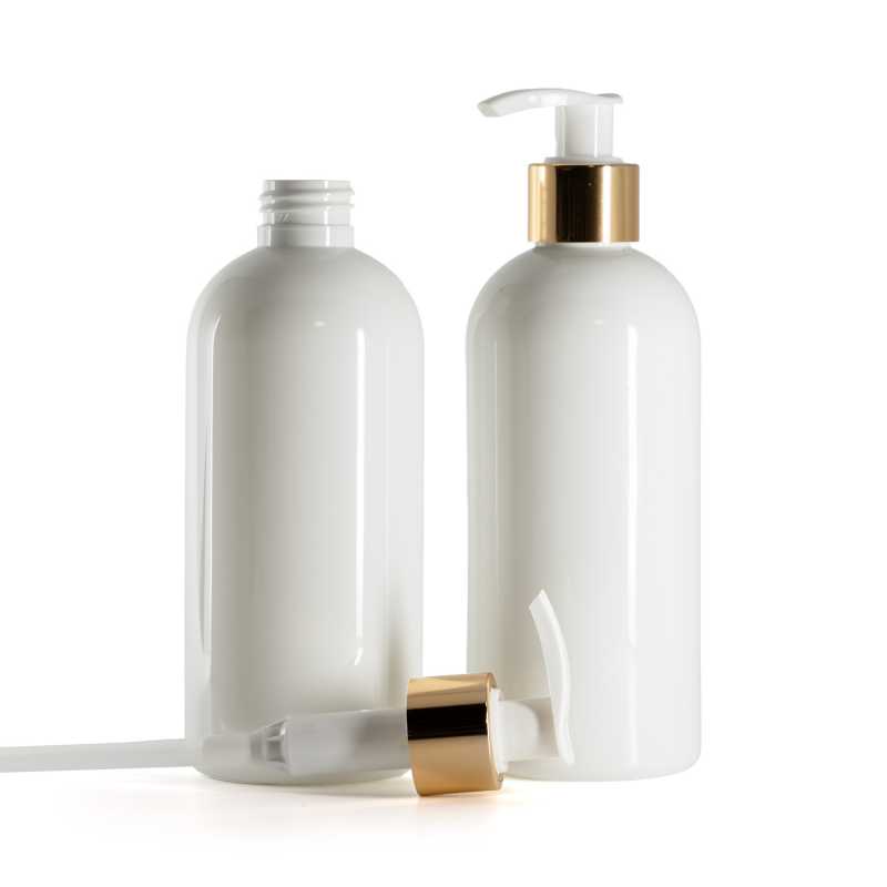 Bottiglia di plastica bianca, dosatore bianco con collare oro lucido, 300 ml