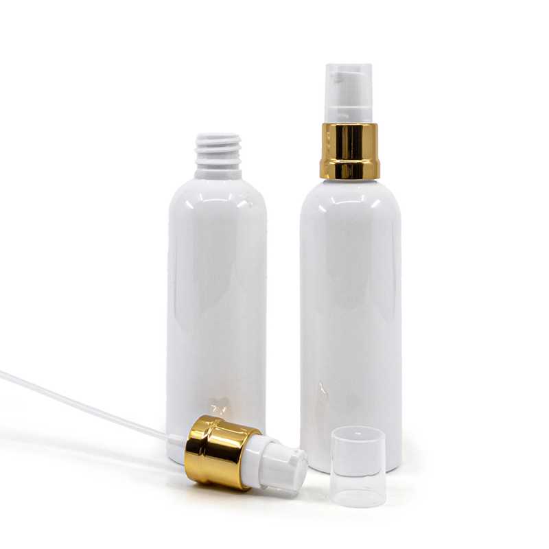 Flacone in plastica, bianco, pompa bianca dorata lucida, 100 ml