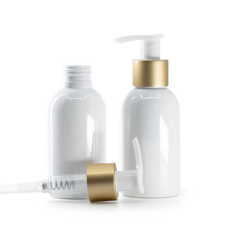 Flacone di plastica bianco, pompa bianca con anello oro opaco, 100 ml