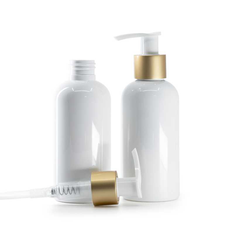Bottiglia di plastica bianca, pompa bianca con collare dorato opaco, 150 ml