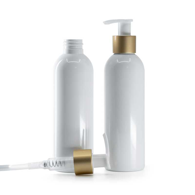 Bottiglia di plastica bianca, pompa crema bianca con anello oro opaco, 200 ml