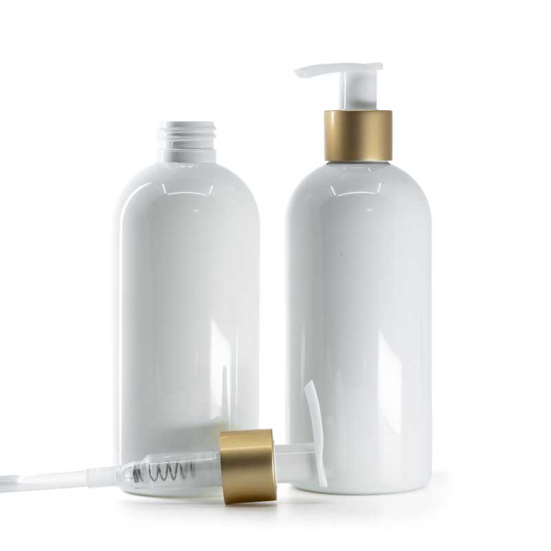 Bottiglia di plastica bianca, pompa lozione bianca con collare oro opaco, 300 ml