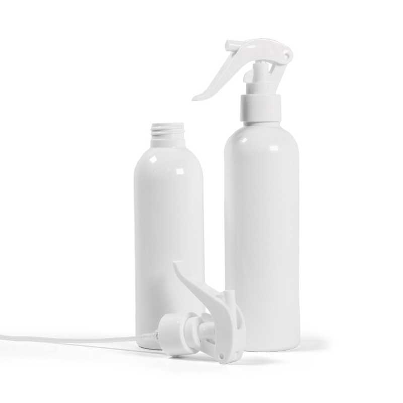 Bottiglia di plastica bianca, spruzzatore a grilletto bianco, 200 ml