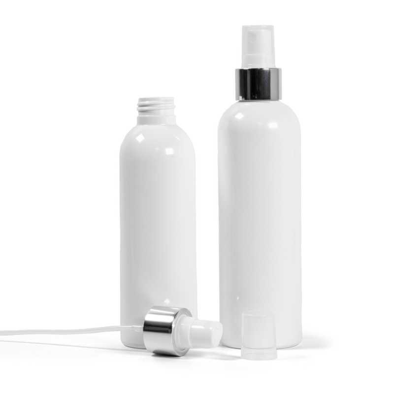 Bottiglia di plastica bianca, spruzzatore bianco, anello argento lucido, 200 ml
