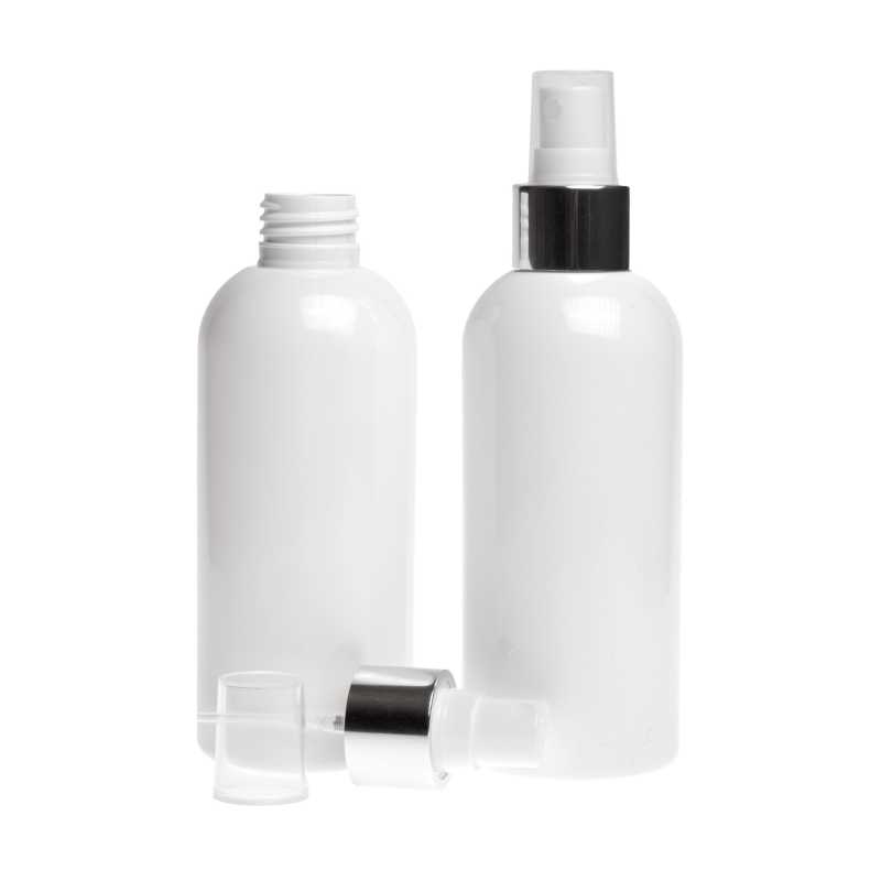 Bottiglia di plastica bianca, spruzzatore bianco, anello argentato lucido, 300 ml
