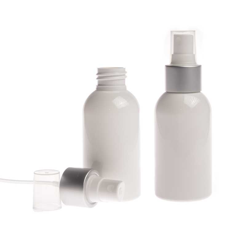 Flacone di plastica bianco, spruzzatore bianco, anello argento opaco, 100 ml