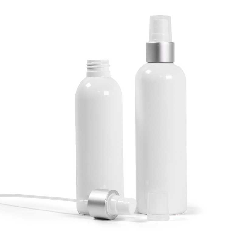 Bottiglia di plastica bianca, spruzzatore bianco, anello argento opaco, 200 ml