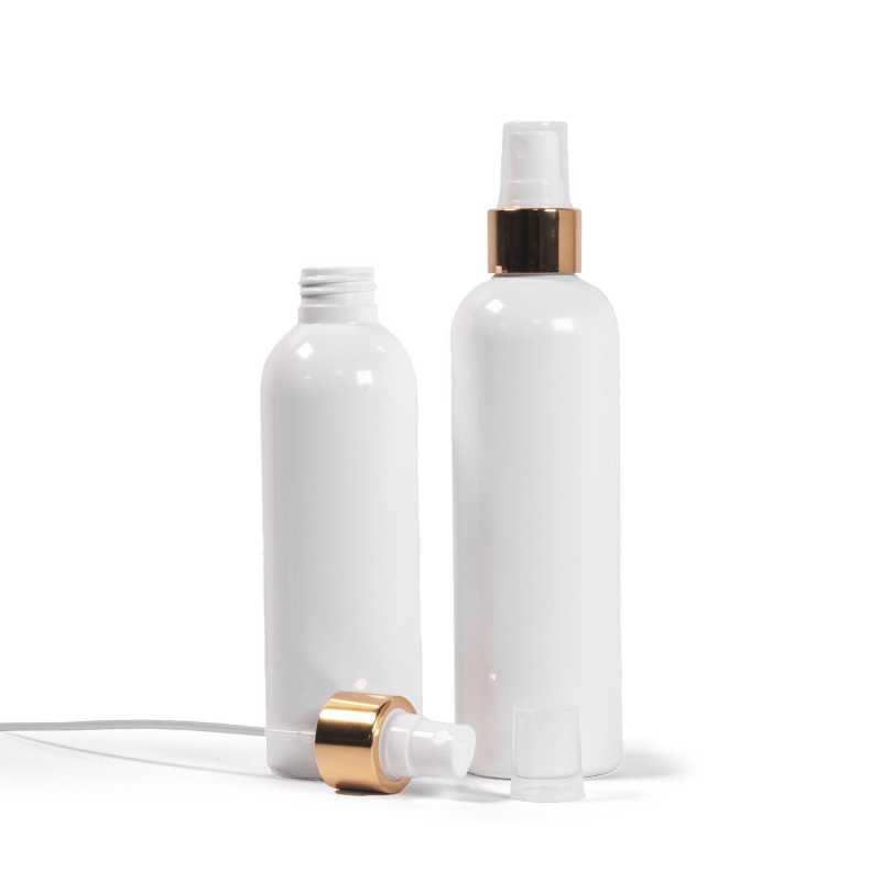 Bottiglia di plastica bianca, spruzzatore bianco, anello dorato lucido, 200 ml