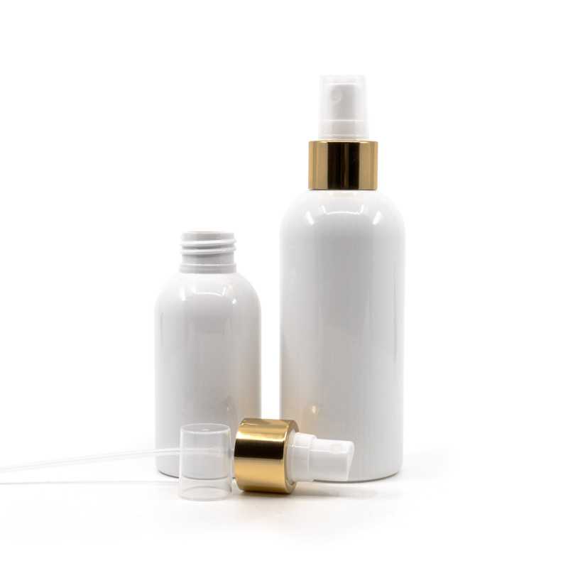 Bottiglia di plastica bianca, spruzzatore bianco, anello dorato lucido, 300 ml