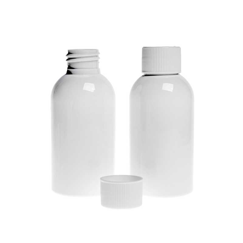 Flacone di plastica bianco, tappo bianco, 100 ml