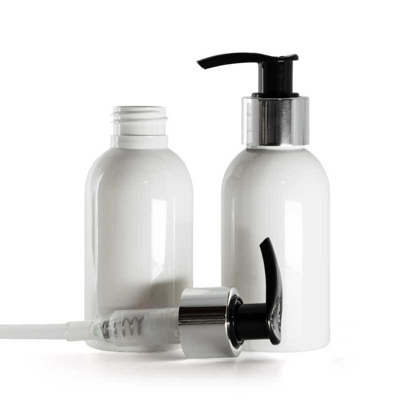 Flacone di plastica bianco, dosatore nero e argentato, 100 ml