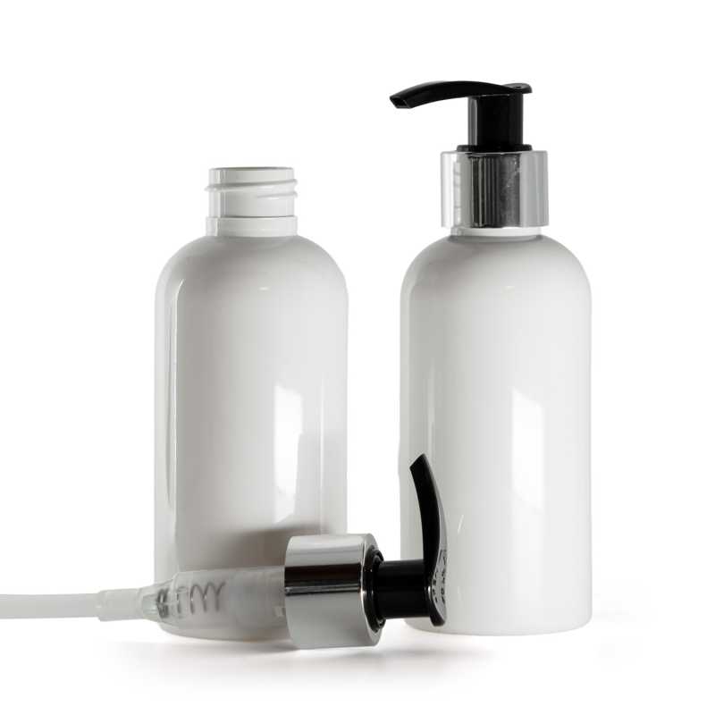 Bottiglia di plastica bianca, dosatore nero e argento, 150 ml