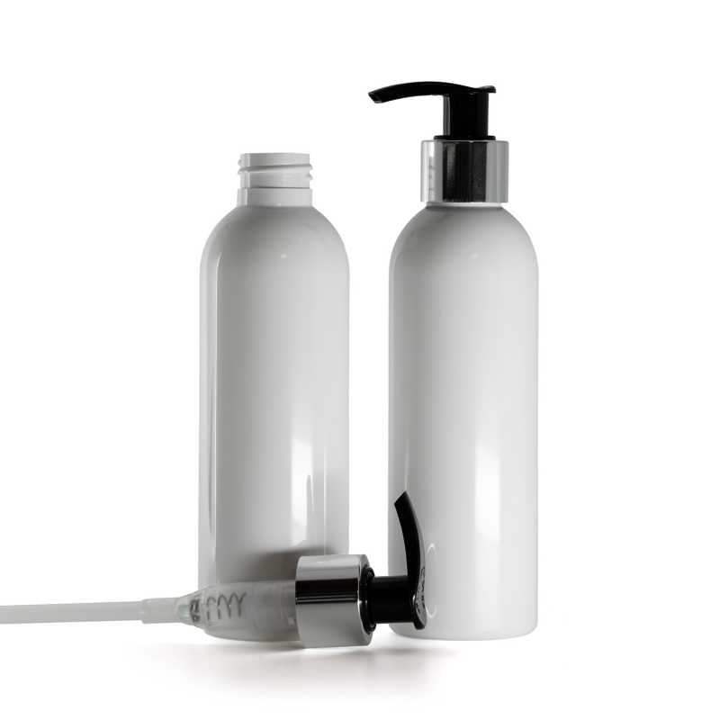 Bottiglia di plastica bianca, dosatore nero e argento, 200 ml