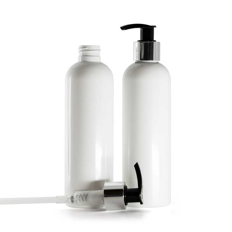 Bottiglia di plastica bianca, dosatore nero e argento, 250 ml