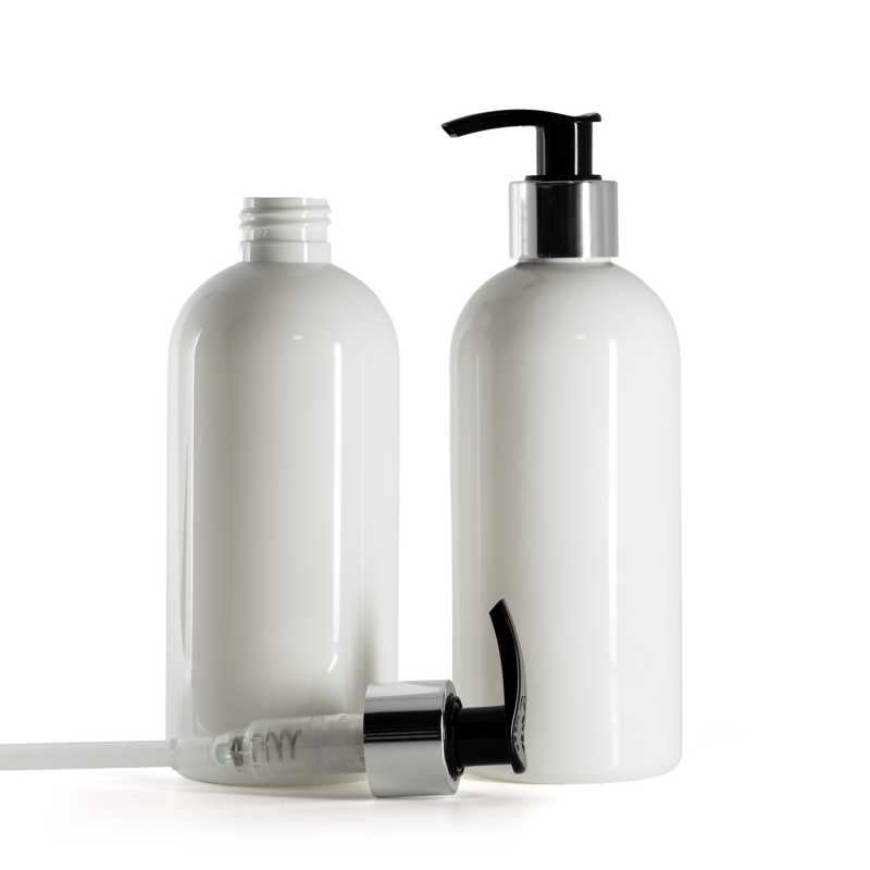 Bottiglia di plastica bianca, dosatore nero e argentato, 300 ml