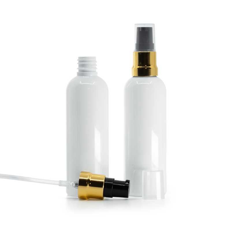 Flacone in plastica, bianco, dosatore nero oro lucido, tappo trasparente, 100 ml