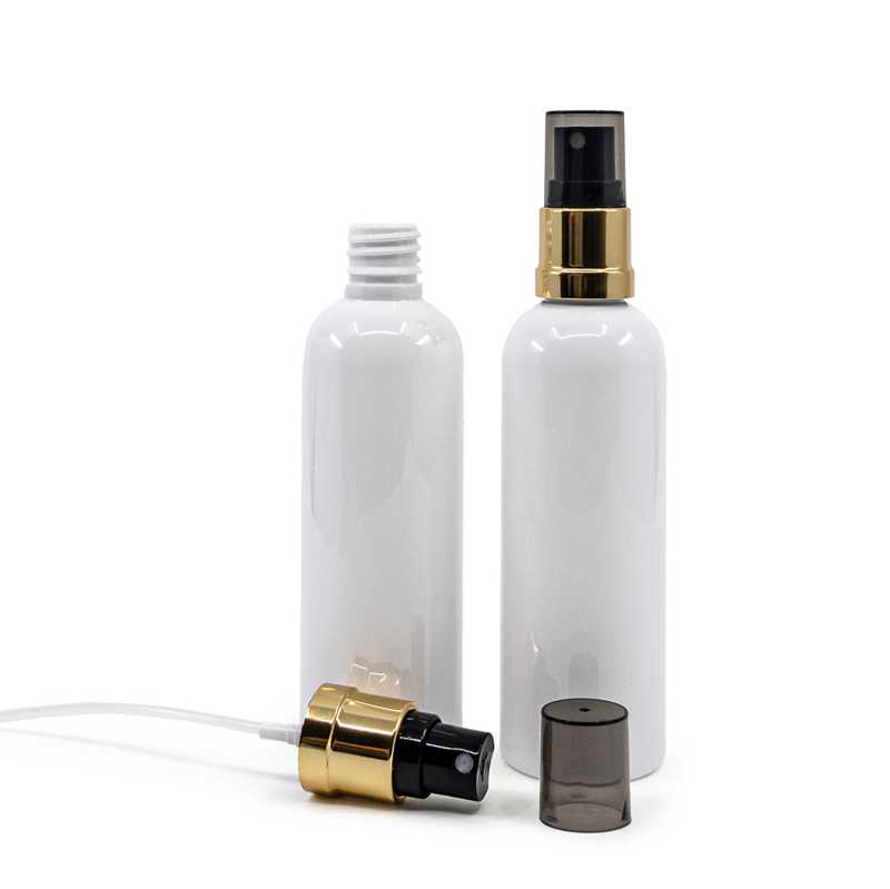 Flacone di plastica bianco, spruzzatore nero-oro, sopra-tappo fumé, 100 ml