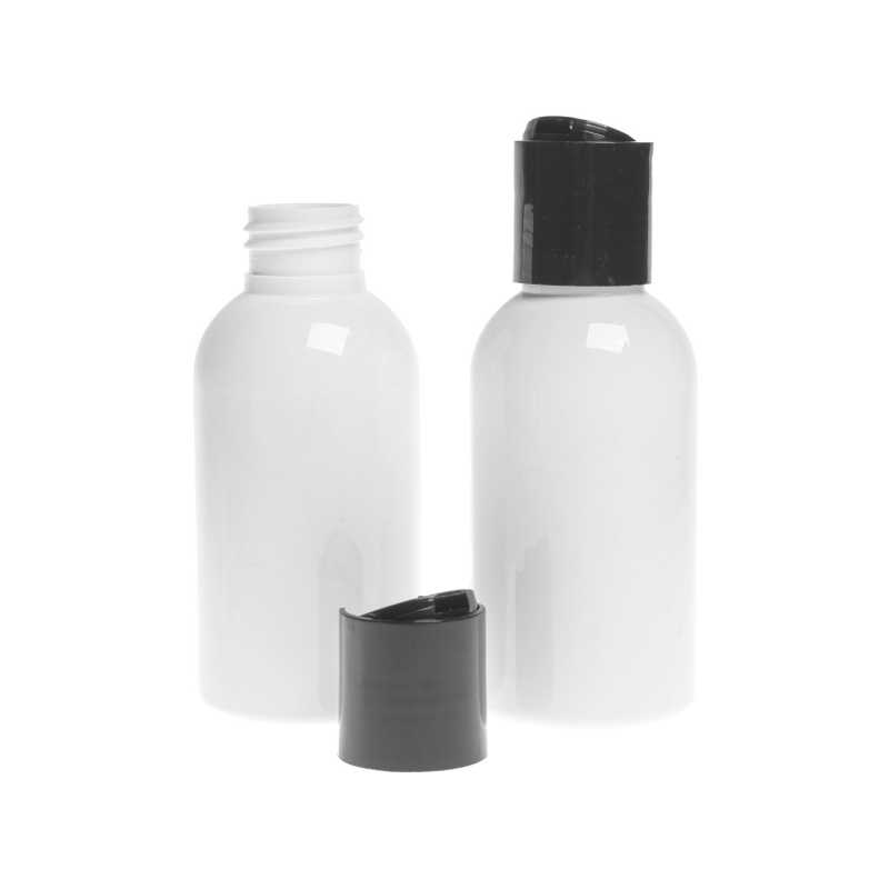 Flacone di plastica bianco, tappo disc-top nero, 100 ml