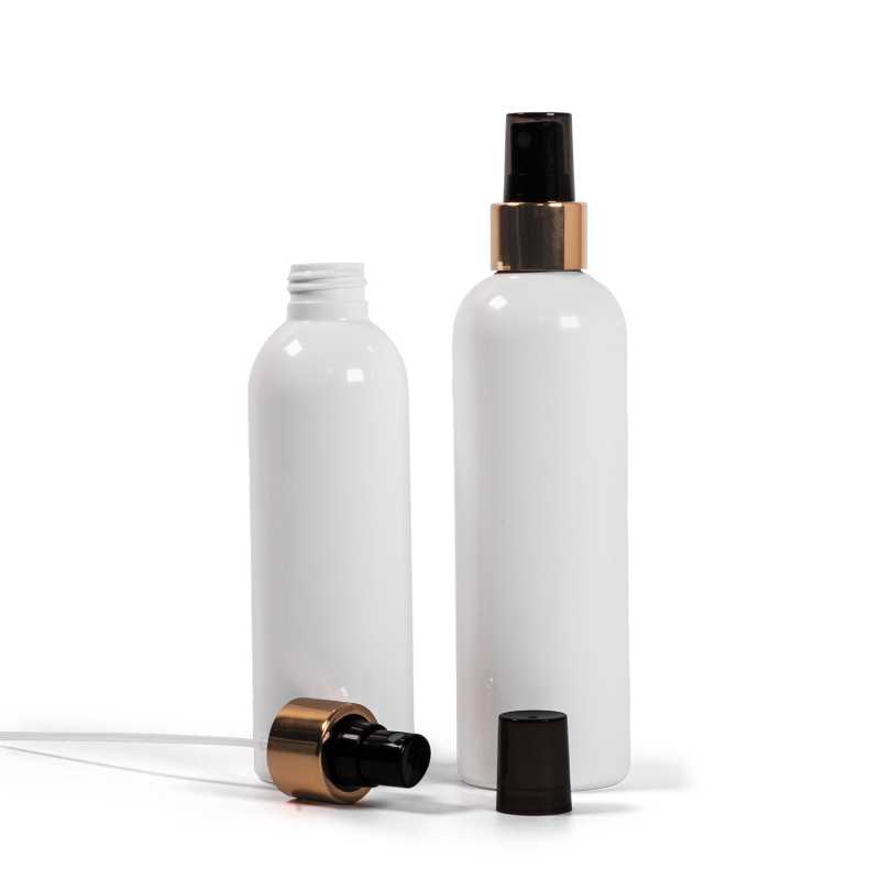 Bottiglia di plastica bianca, spruzzatore nero, anello dorato lucido, 250 ml