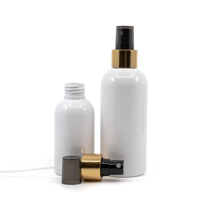 Bottiglia di plastica bianca, spruzzatore nero, anello dorato lucido, 300 ml