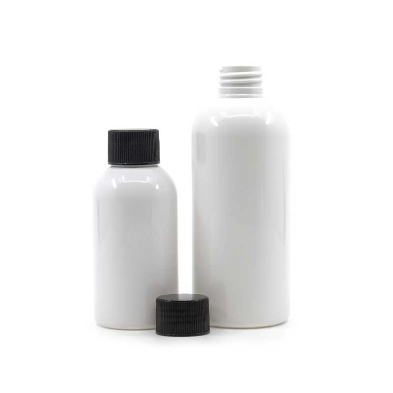 Flacone di plastica bianco, tappo a vite nero zigrinato, 100 ml