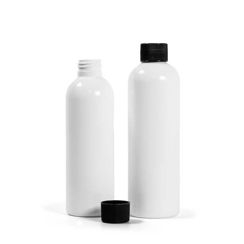 Bottiglia di plastica bianca, tappo nero zigrinato, 200 ml