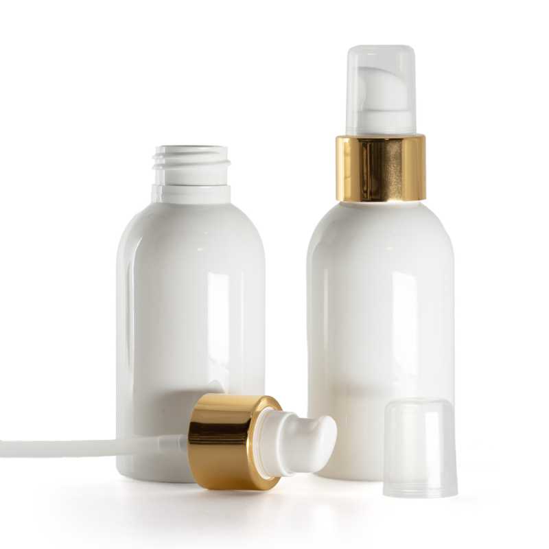 Flacone di plastica bianco, pompa lozione bianca con sopra-tappo, oro lucido, 100 ml