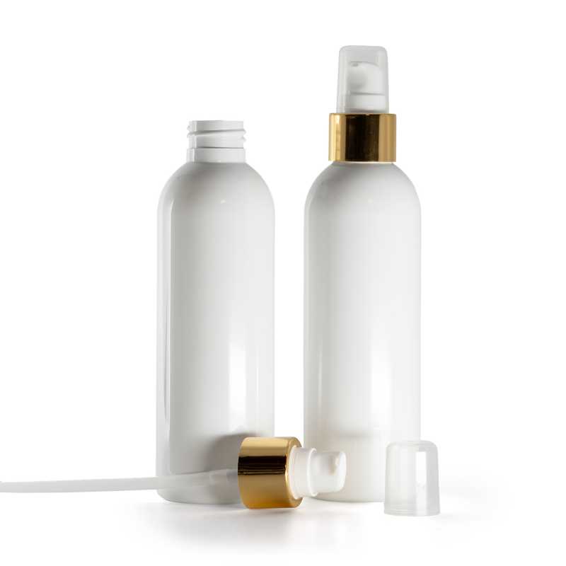 Bottiglia di plastica bianca, pompa lozione bianca con sopra-tappo, oro lucido, 200 ml
