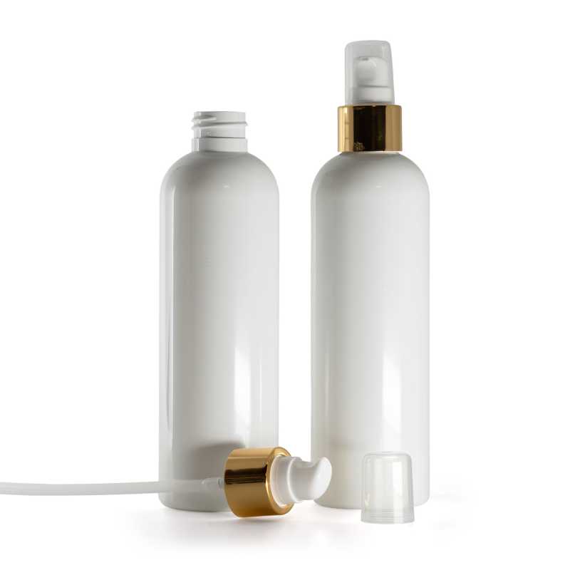 Bottiglia di plastica bianca, dosatore di crema con sopra-tappo, bianco-oro, 250 ml