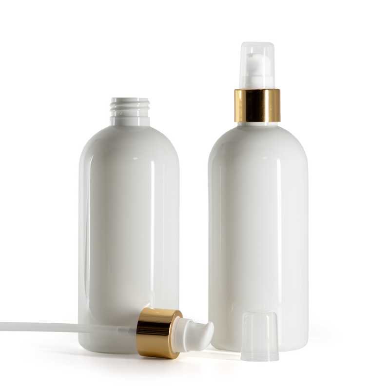 Bottiglia di plastica bianca, pompa lozione bianca con sopra-tappo, oro lucido, 300 ml