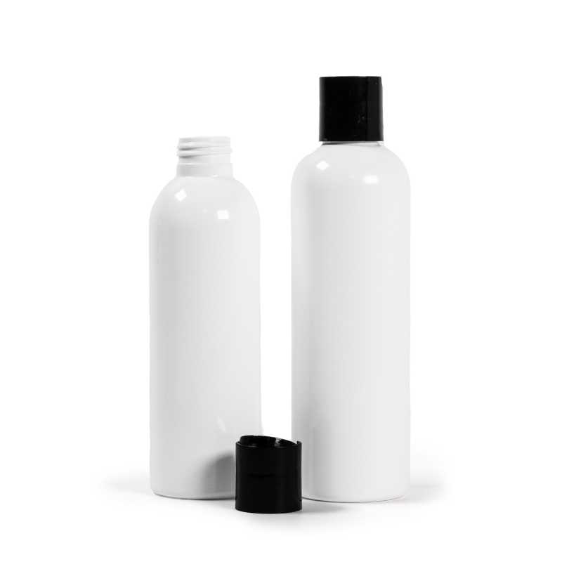 Bottiglia di plastica bianca, tappo disc-top nero, 250 ml