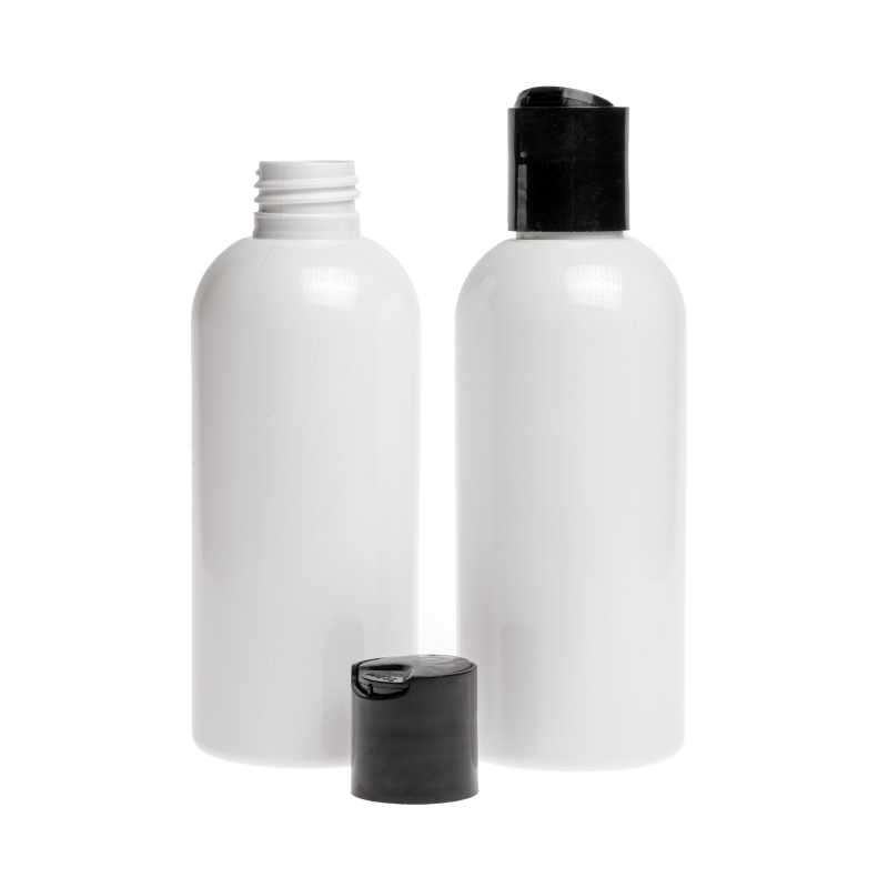 Bottiglia di plastica bianca, tappo disc-top nero, 300 ml