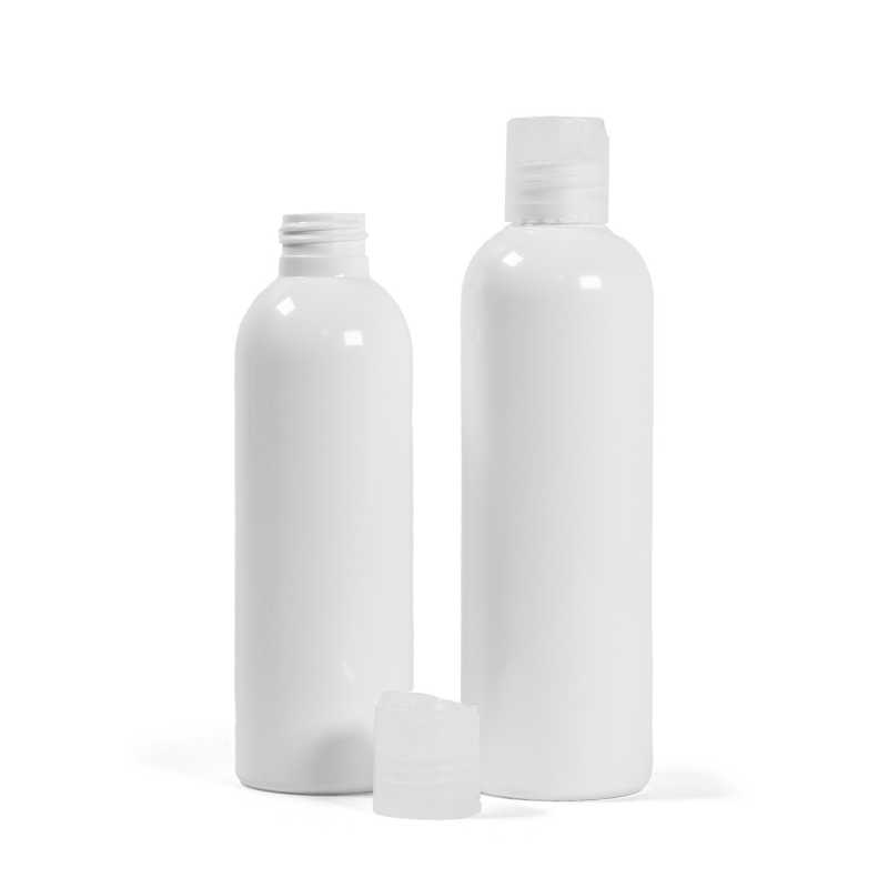 Bottiglia di plastica bianca, tappo disc-top trasparente, 250 ml
