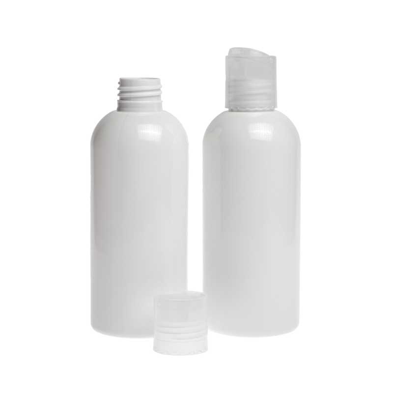 Bottiglia di plastica bianca, tappo disc-top trasparente, 300 ml