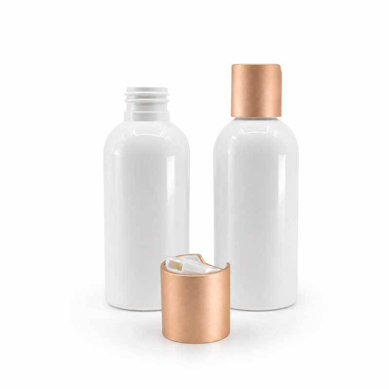 Bottiglia di plastica bianca, tappo disc-top con collare in alluminio oro rosa opaco, 150 ml