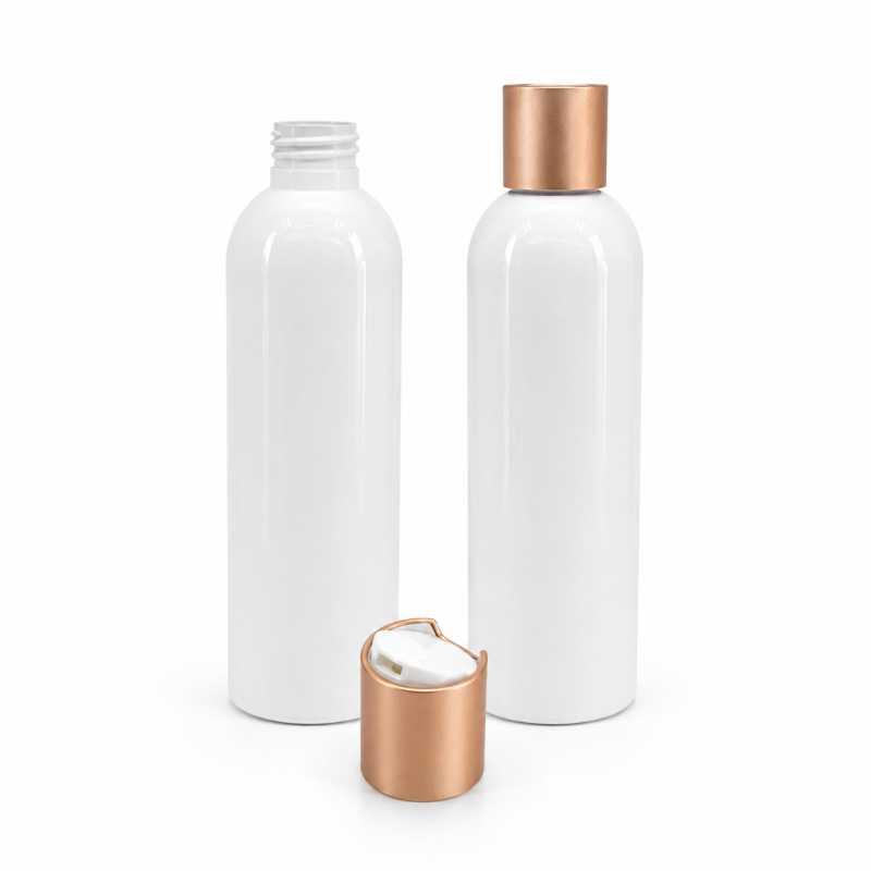 Bottiglia di plastica bianca, tappo disc-top, collare in alluminio rosa dorato opaco, 200 ml