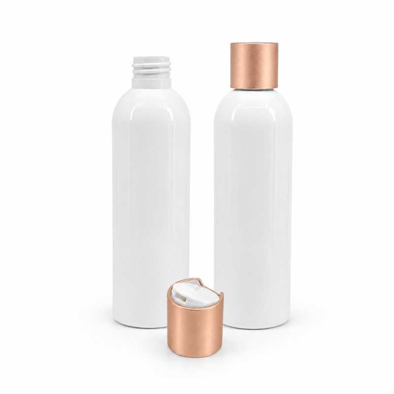 Bottiglia di plastica bianca, tappo disc-top, oro rosa opaco, 250 ml