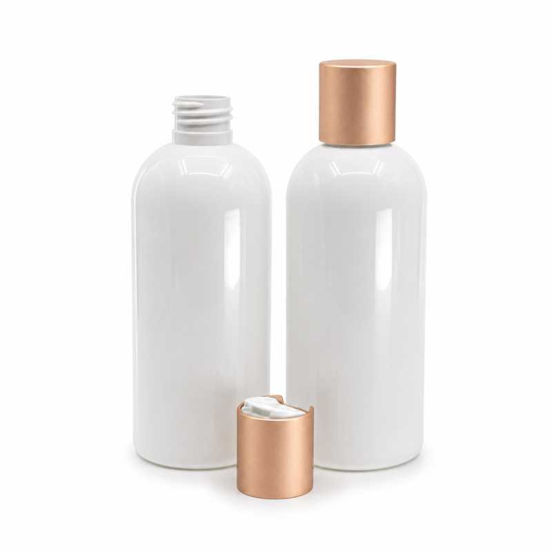 Bottiglia di plastica bianca, tappo disc-top in plastica bianca con collare in alluminio rose gold opaco, 300 ml