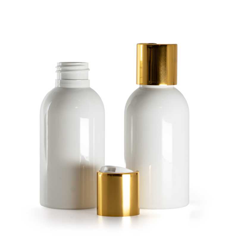 Flacone di plastica bianco, tappo disc-top bianco, collare dorato, 100 ml